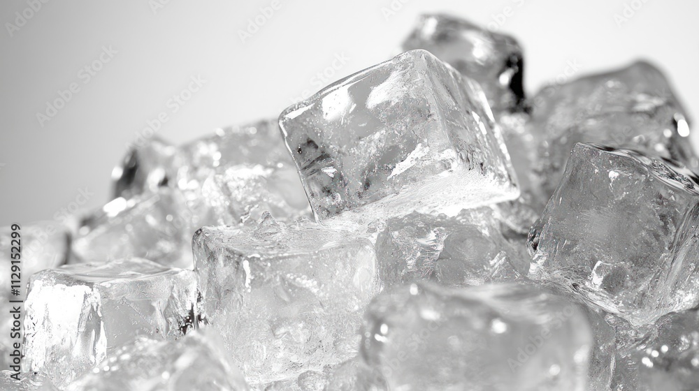 Poster a close-up of clear ice cubes stacked together, showcasing their transparency and texture.