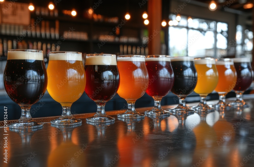 Poster assorted craft beer selection in elegant glasses displayed in a modern bar with warm ambient lightin