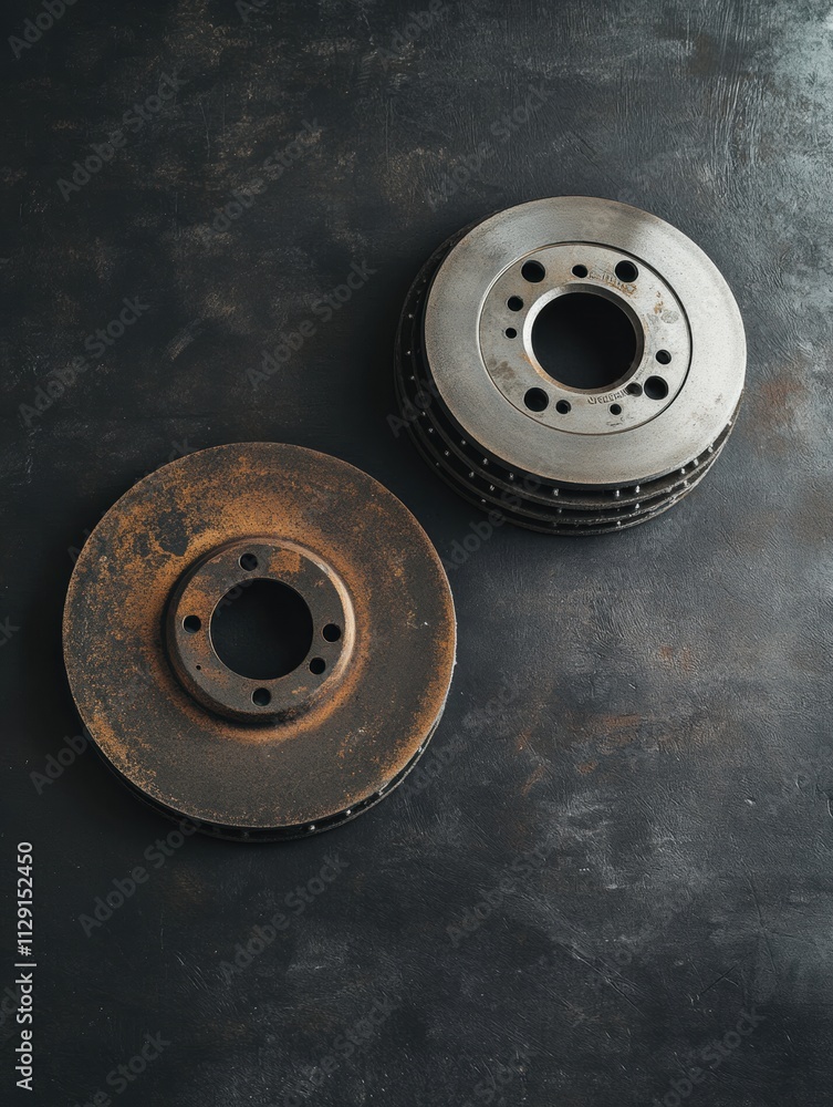 Poster close-up view of worn and new brake discs highlighting their differences, with space available for a