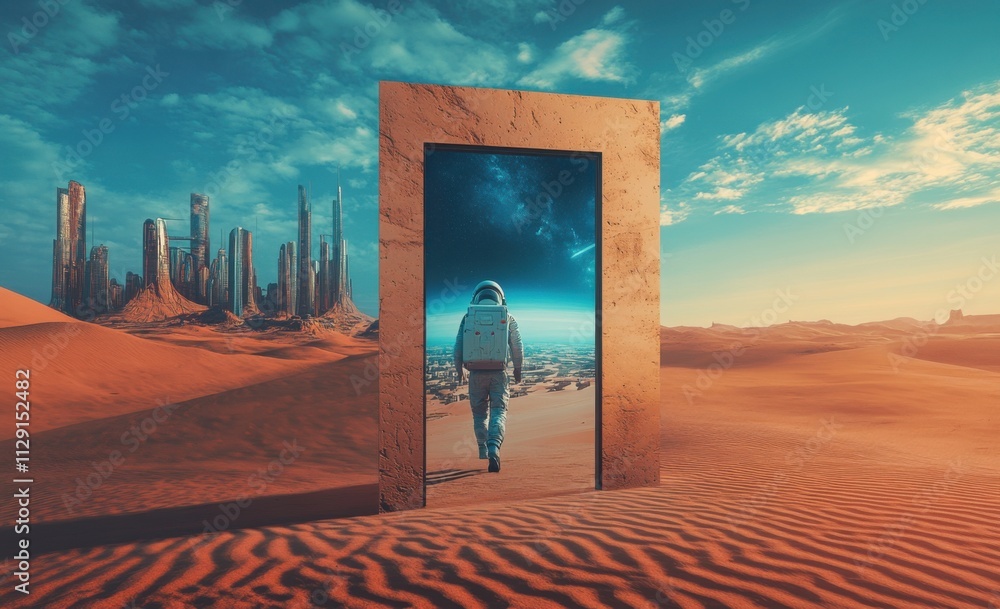Poster a surreal desert landscape with an astronaut standing in front of a door, leading to a futuristic ci