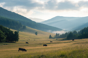 Serene landscape with grazing cows in a misty valley surrounded by mountains.