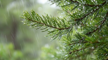 A damp, misty pine forest in the rainy season, with rain clinging to needles and a quiet calm settling over the fresh, green landscape