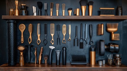 Stylish hair salon tools and accessories neatly organized on wooden shelves against a dark background.