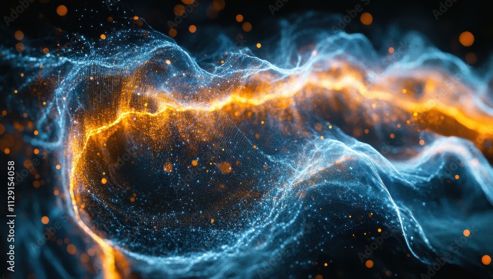 Poster bright orange and blue abstract wave with flowing light particles and ethereal texture for use in mo