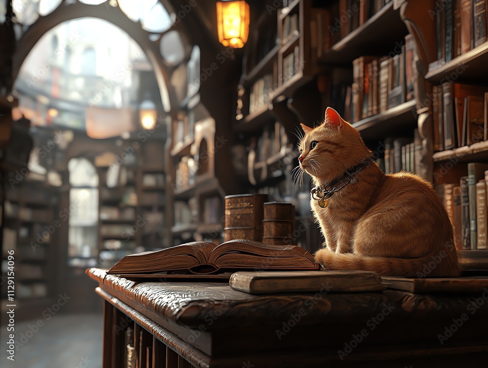 Poster a serene library scene featuring a cat perched on a table beside open books.