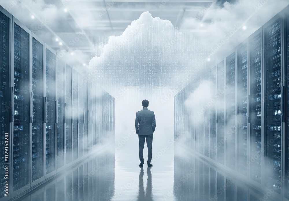 Poster businessman standing in data center surrounded by clouds representing digital storage and cloud comp