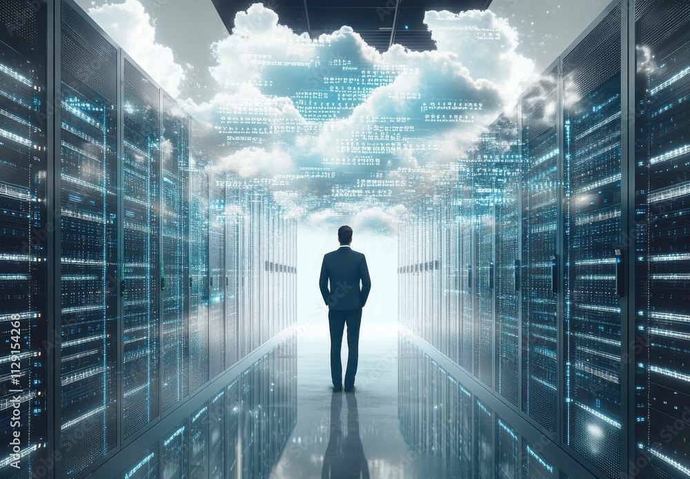 Aufkleber businessman in a data center surrounded by cloud computing visualization representing data storage a
