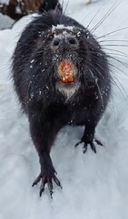 Nutria is black in winter in search of food.