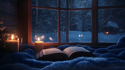 A cozy winter scene with snow falling outside the window, candles glowing inside, and an open book on top of soft blankets.