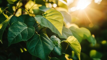 A delicate branch filled with lush green leaves, catching the warm light of the sun, creating a natural, calming background