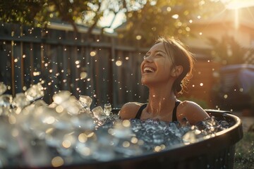 A happy athletic woman sits deeply immersed in icy water inside a dark grey plastic tub filled with ice cubes. The scene is set on a sunny day, capturing a refreshing and invigorating recovery moment.
