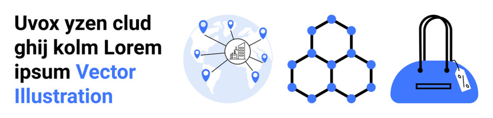 Network map connecting multiple points, hexagonal molecular structure, blue handbag with price tag. Ideal for technology, science, fashion, connectivity, data analysis e-commerce marketing. Landing