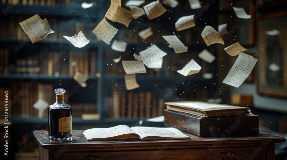 Aufkleber a mystical scene with floating pages and an open book beside a bottle.