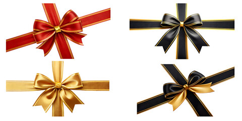Set of Red and black bundle ribbon and bow with gold isolated against transparent background cut out png christmas, new year 2025, valentine's day, happy birth day design download	