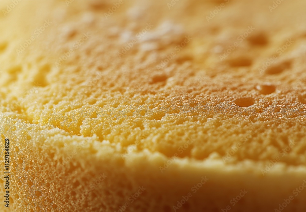 Poster close-up of a soft and porous yellow sponge cake showing intricate texture and airy bubbles for culi