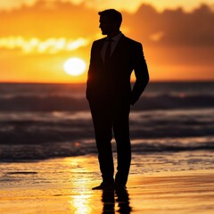 silhouette of a businessman at sunset on the beach