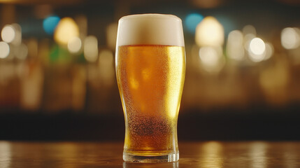 Golden Hour Beer:  A frosty glass of beer stands tall on a bar counter,  the golden liquid glistening in the soft glow of the evening light.