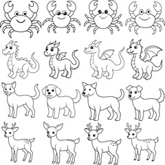 A Big Bundle Of Wildlife Animals Likes Crab Deer Dog Dragon Coloring Pages Line Art Illustration.