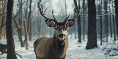 Beautiful male deer in snowy winter forest.