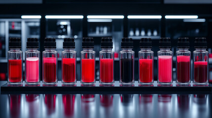 Crimson Research: A row of small glass vials filled with varying shades of red liquid sits on a sleek, dark surface in a modern laboratory setting.