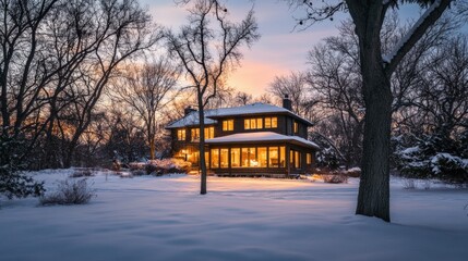 Obraz premium cozy winter home surrounded by snow at sunset