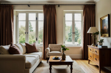 Fototapeta premium the interior of the living room is made in a fashionable mocha mousse color. modern fashion trends in the living environment