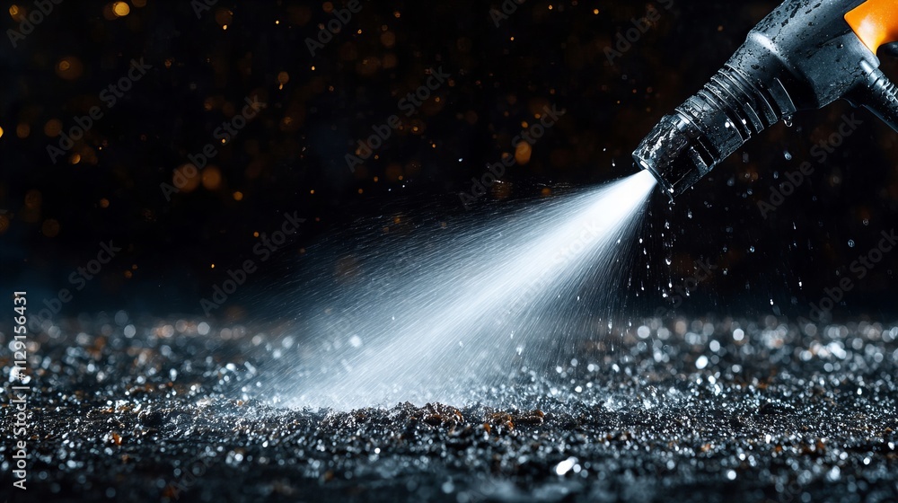 Poster close-up of a water hose spraying a fine mist, creating a shimmering effect against a dark backgroun