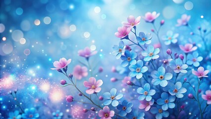 Fototapeta premium A delicate cluster of blue and pink blossoms bathed in ethereal light, with a soft, dreamy background of sparkling bokeh.
