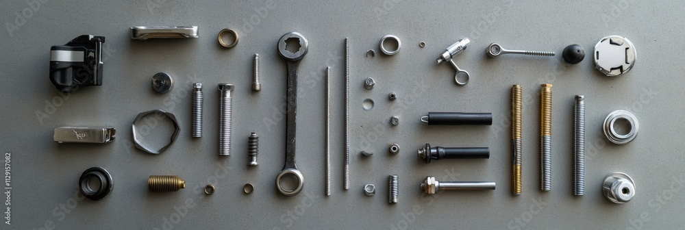 Aufkleber assorted car parts and tools are organized neatly on a work surface, displaying nuts, bolts, spark p