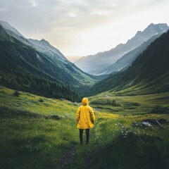 Naklejka premium person in yellow raincoat standing in a lush green valley at sunrise
