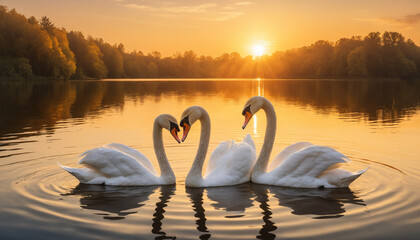 Fototapeta premium Three white swans are on a calm lake at sunset. Trees line the shore