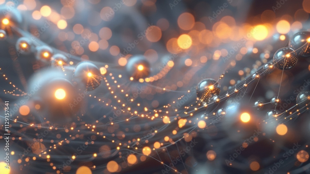 Poster complex network of interconnected glowing spheres and nodes representing big data flow, data analysi