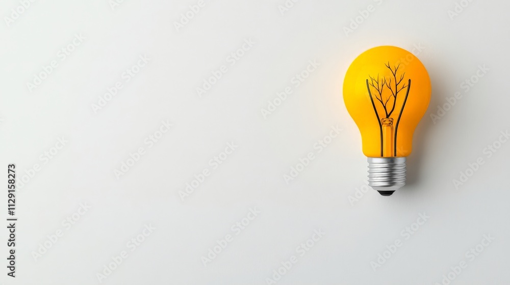 Poster illuminating idea: a single yellow light bulb with a sketched tree inside, symbolizing growth and in