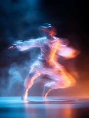 Dynamic dancer in motion, vibrant light trails, ethereal performance.
