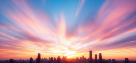 Dramatic sunset over city skyline.