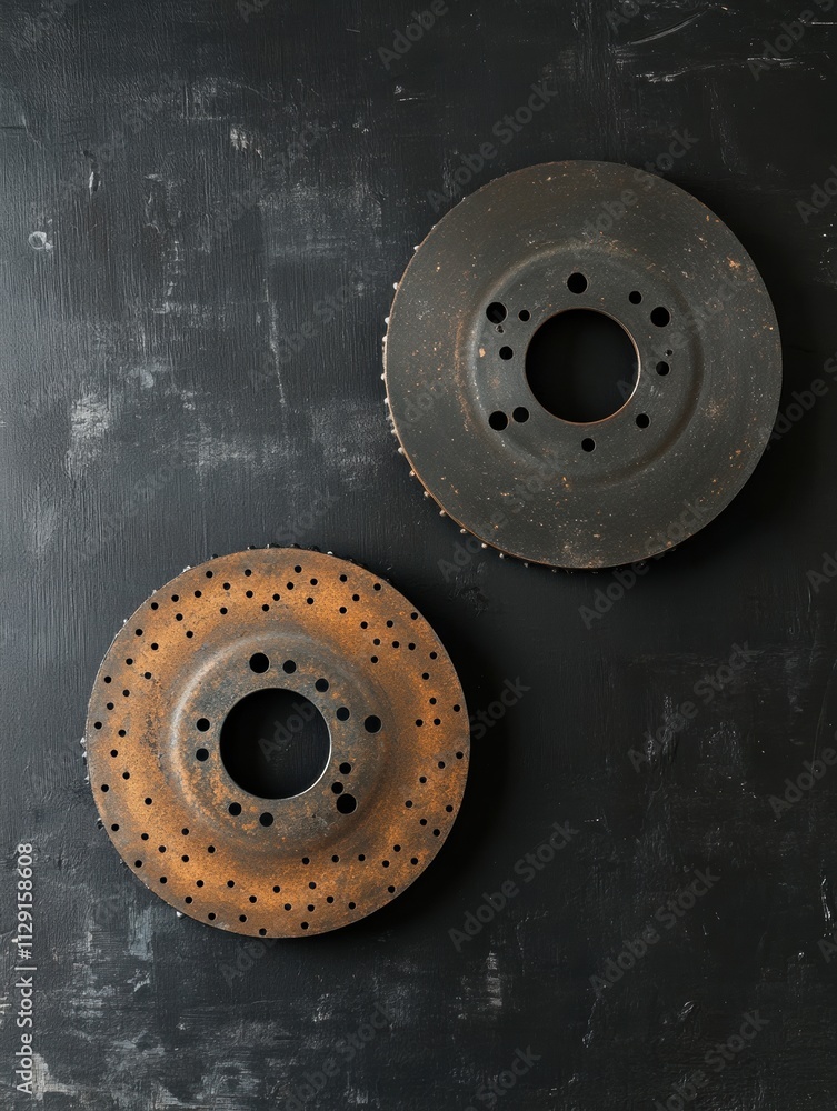 Leinwandbilder brake pads and discs placed on a dark surface awaiting installation, showcasing wear over time while