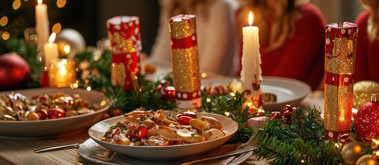 Family gathered for a holiday meal, with Christmas crackers, candles, and festive dishes