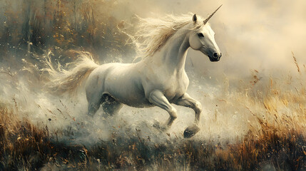 Naklejka premium A dreamy, impressionist-style painting of a unicorn prancing through a misty meadow, with soft brushstrokes and a muted color palette, conveying a peaceful and otherworldly atmosphere.