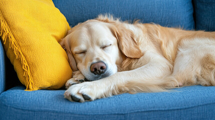 Obraz premium Closeup of golden retriever dog sleeping on blue sofa couch with yellow pillow. tired and comfortable domestic pet animal rest, adorable doggy relax and lying in bed.