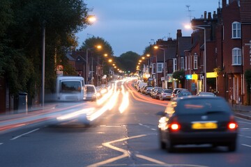 Naklejka premium Evening traffic on a residential street with blurred car lights showing motion.
