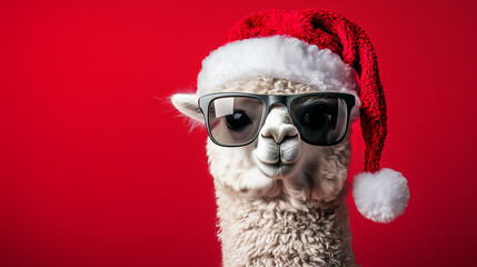 Merry Christmas concept holiday vacation winter animal pet greeting card - Cool Alpaca with sunglasses and santa claus hat, isolated on red background
