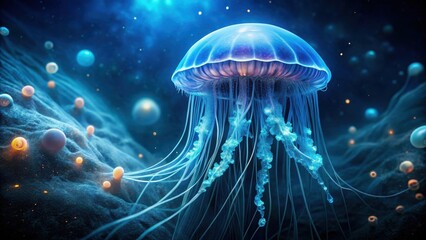 A luminescent jellyfish floats gracefully in a surreal underwater landscape, its delicate tentacles trailing through a field of ethereal orbs.