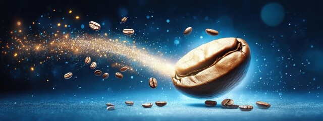 A coffee bean transforming into a glowing planet, futuristic eco-theme art