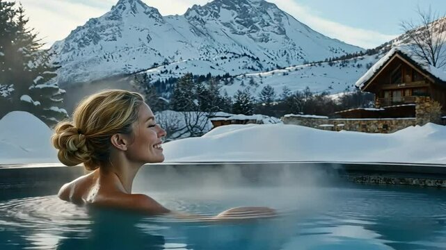 With a contented smile gracing her lips, the beautiful spa goer enjoys a leisurely soak in a natural hot spring, the steam rising around her like a veil of tranquility