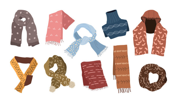 Set of winter scarves: woolen, knitted, cotton, mufflers, snoods, and tippets for men, women, and kids. Stylish cold-weather accessories and warm garments. Isolated flat vector illustrations on white.