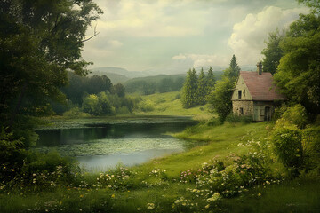 Fototapeta premium a house sitting on the side of a lake