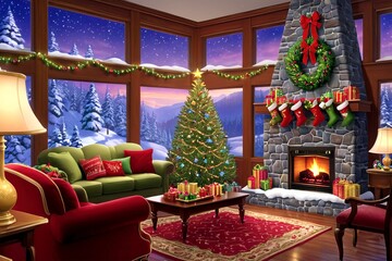 Obraz premium Cartoon illustration of large family living room and brick fireplace next to a Christmas tree generated using AI. Stocking hanging from fireplace mantel. Outside midwinter scene of forest woodland
