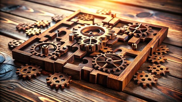 A wooden gear puzzle with interlocking pieces and cogs, representing the interconnected nature of complex systems
