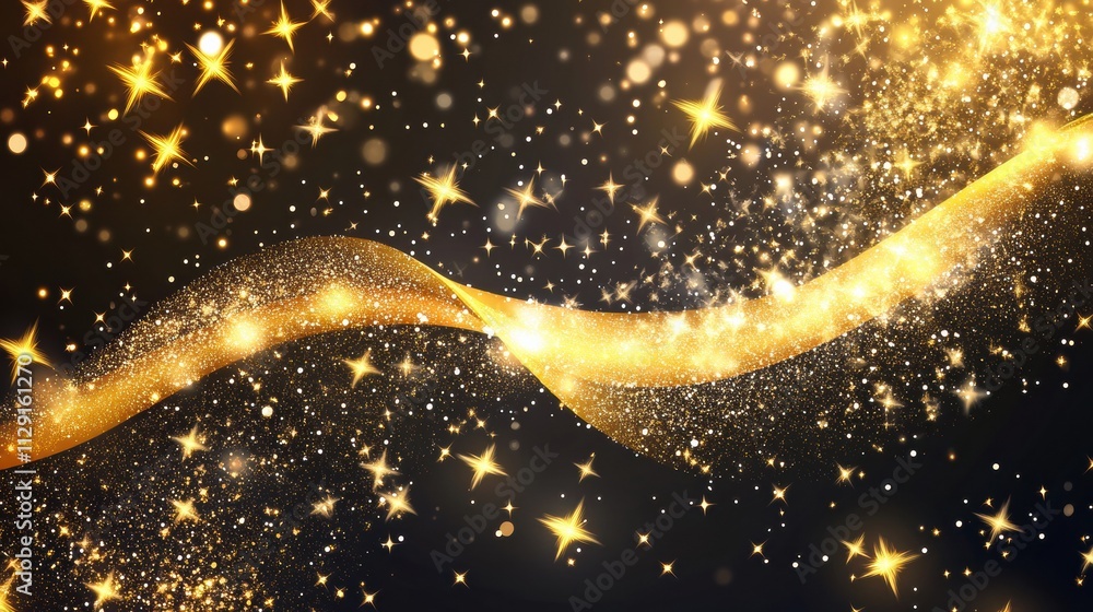 Poster A stunning golden glitter wave flows on a dark background, offering a captivating shine and space for text design elements. Generative AI