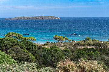 Grüne Küste mit Bäumen und blaues Mittelmeer, Badestrand, Korsika
